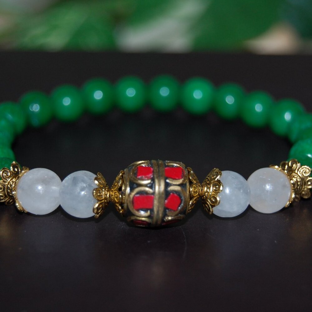Jade Bracelet,Bronze Coral Charm,Jade and Red Bracelet